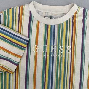Guess Originals T-Shirt Men's Large Multicolor Vertical Stripe Embroidered Logo